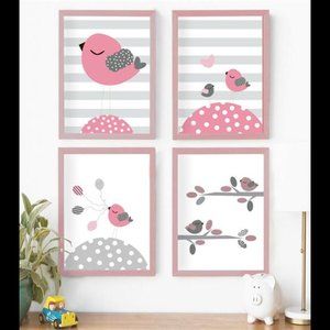 Nursery Decor Baby Girl Pink Gray Birds Wall Art Set of 4 Prints